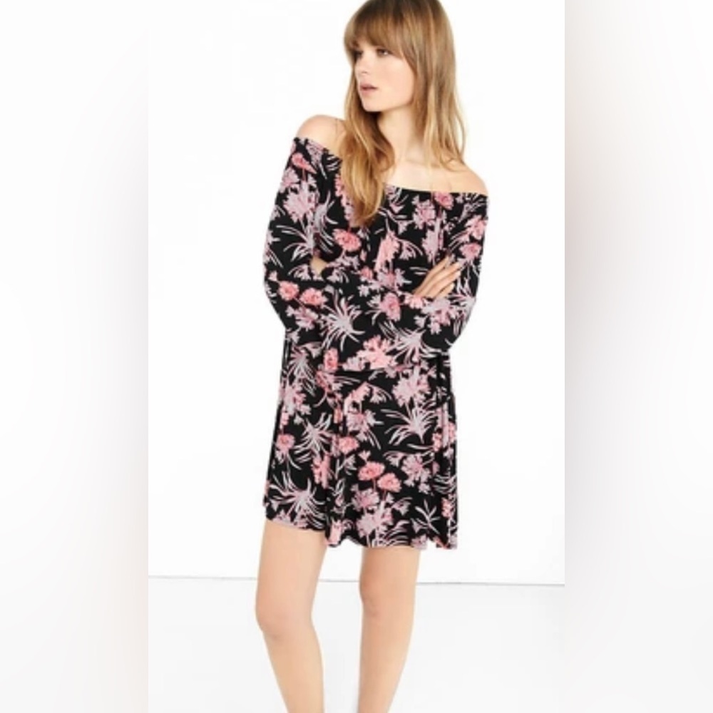 Women’s Black Pink Express Floral Off The Shoulder Skater Swing Dress Medium